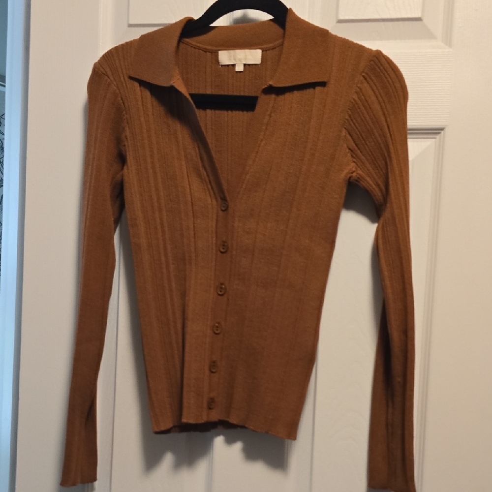 Meshki - Ribbed Button-Front Polo Cardigan - Toffee (*Part Of Pant Set)